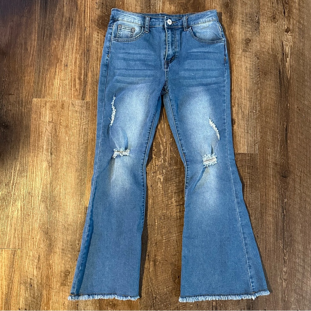 SHEIN Distressed Blue Flare Jeans teen